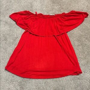 Red Off-Shoulder BomBom shirt. Can be worn off shoulder or has straps
